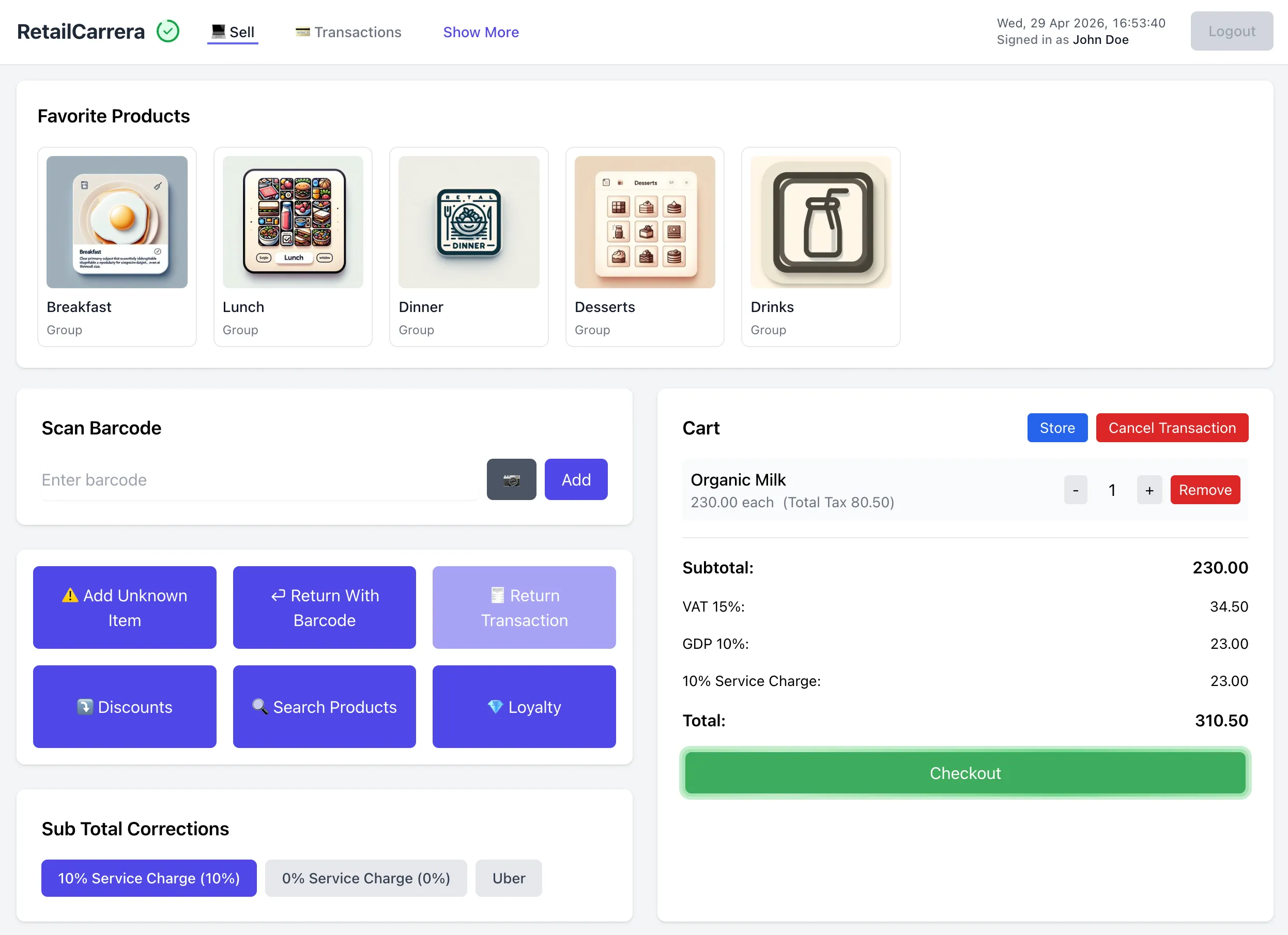 RetailCarrera POS — sell screen with product groups, barcode scanner, cart and checkout