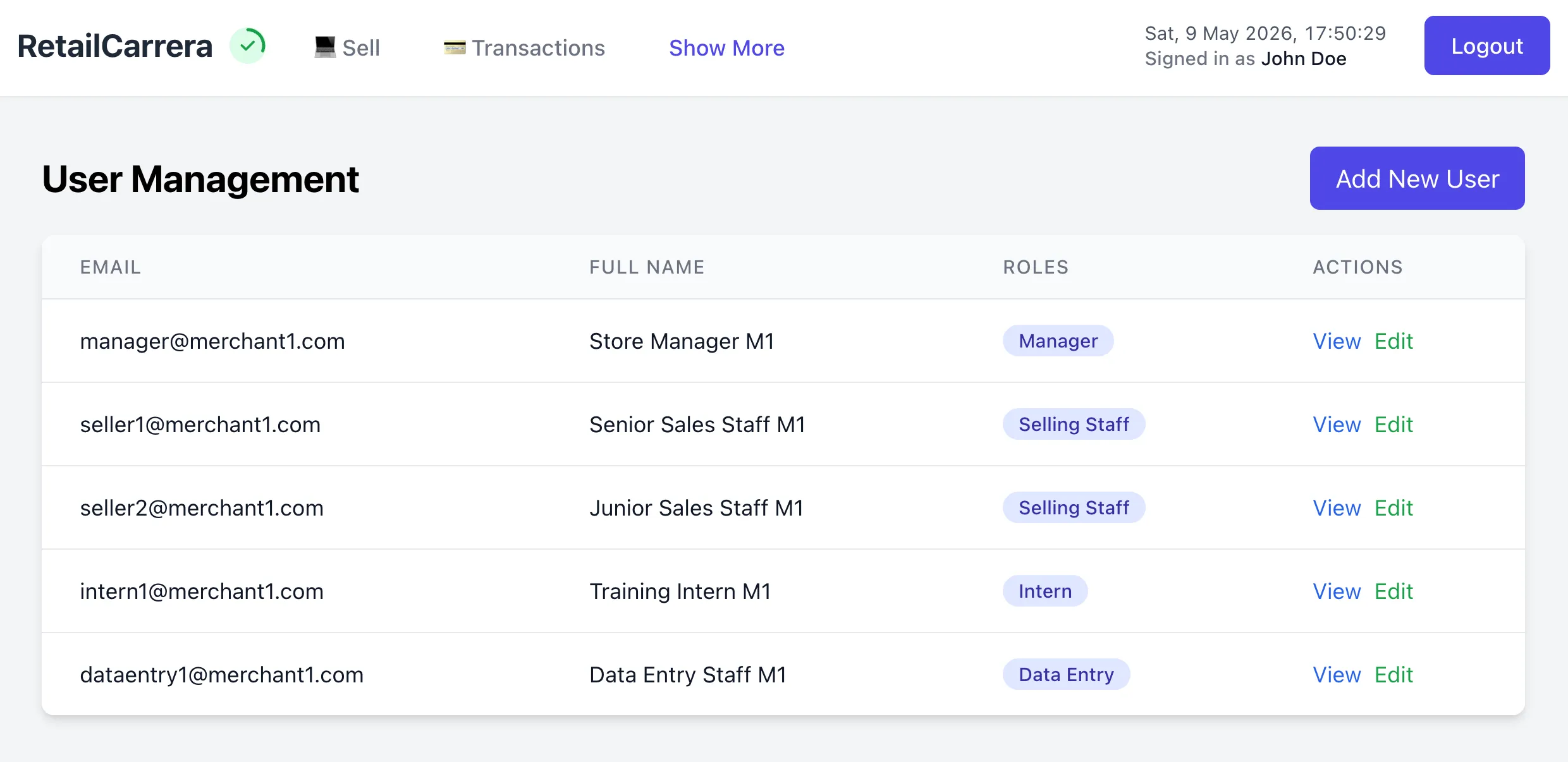 RetailCarrera users and roles management screen